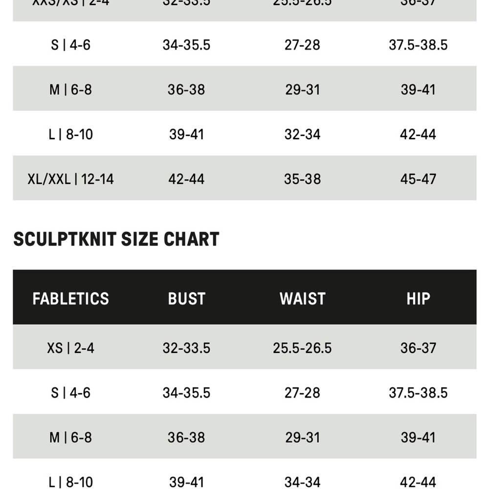 Fabletics Standard Size Chart - Picture 6 of 8